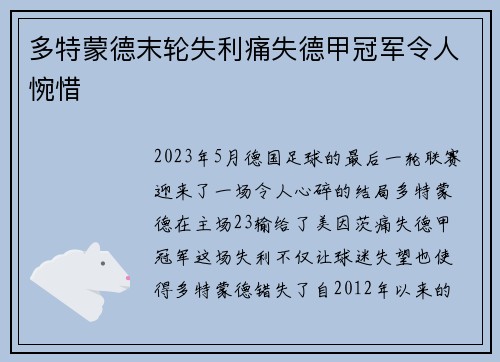 多特蒙德末轮失利痛失德甲冠军令人惋惜